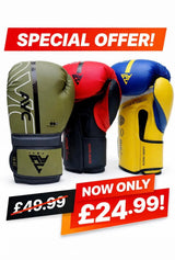 Three AYC boxing gloves (green, red/black, yellow/blue)