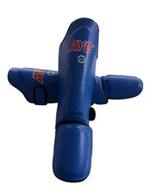 Blue martial arts shin and instep guards with AYC logo, protective gear for sports training