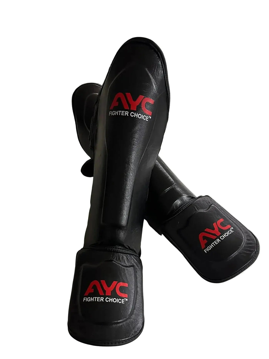 Black martial arts shin guards with red AYC Fighter Choice logo on white background
