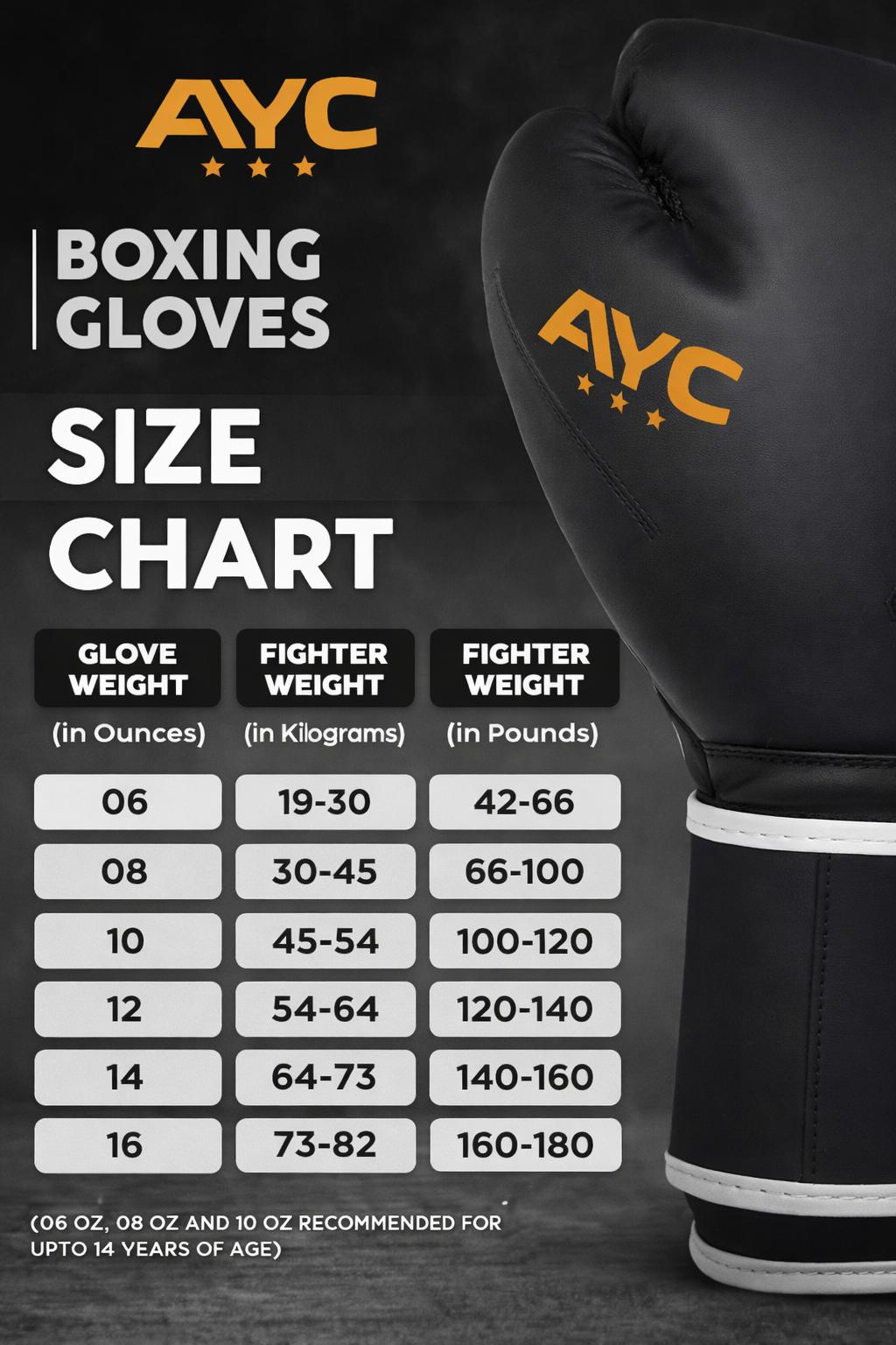 Size chart for Vibrant Orange-Black Boxing Gloves