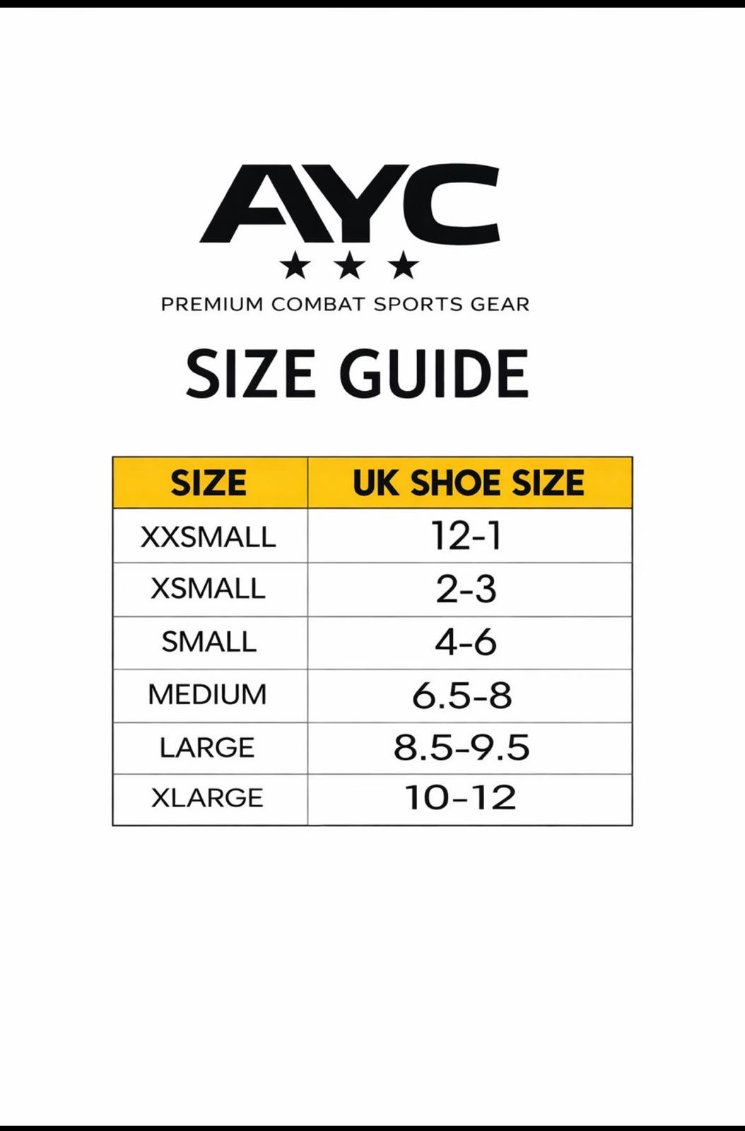Size chart for Black Kick Boxing Boots – Durable Martial Arts Footwear